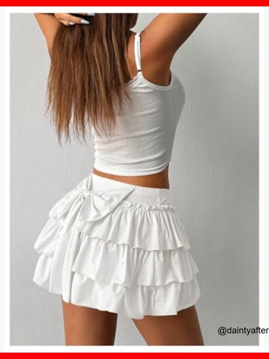 Polyester Blend Bow Back Mini Skirt with Layered Ruffle Hem - Picture 5 of 6